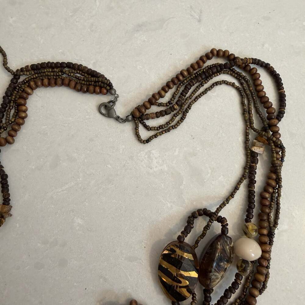 Multi-Strand Beaded Necklace with Tiger Eye and Wood Beads - Picture 3 of 3
